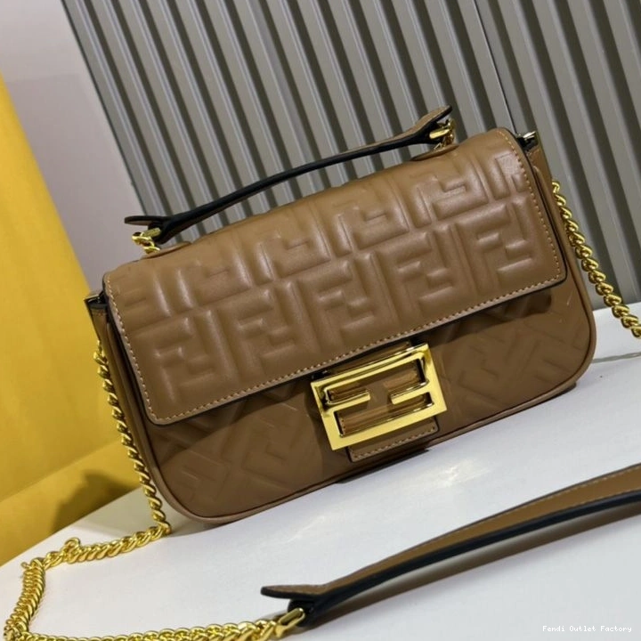 HOT Fendi In Nappa Bag Midi Brown Baguette Chain Leather FF Motif 0725